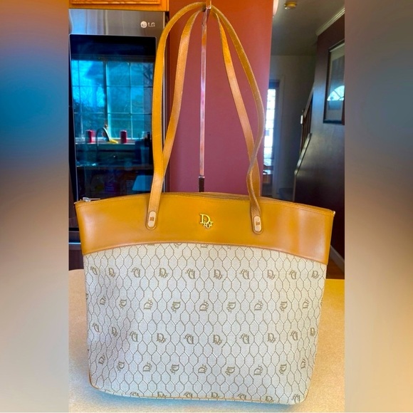 CHRISTIAN DIOR Honeycomb Canvas & Leather Tote, Vintage. GUC - Picture 1 of 11